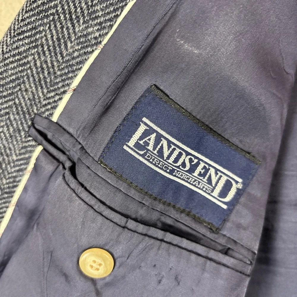 Lands' End Tweed Blazer Mens 41R‎ Wool & Leather Button Herringbone 2 Button USA